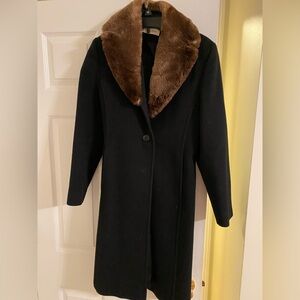 Saks Fifth Avenue Black Trench Coat with Brown Fur Collar